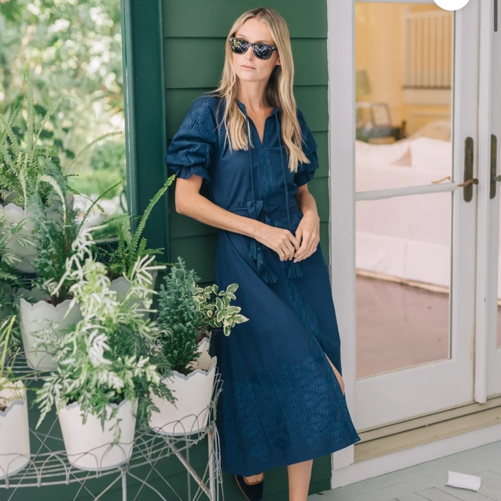 Women's Navy Midi Dress with Tie Waist
